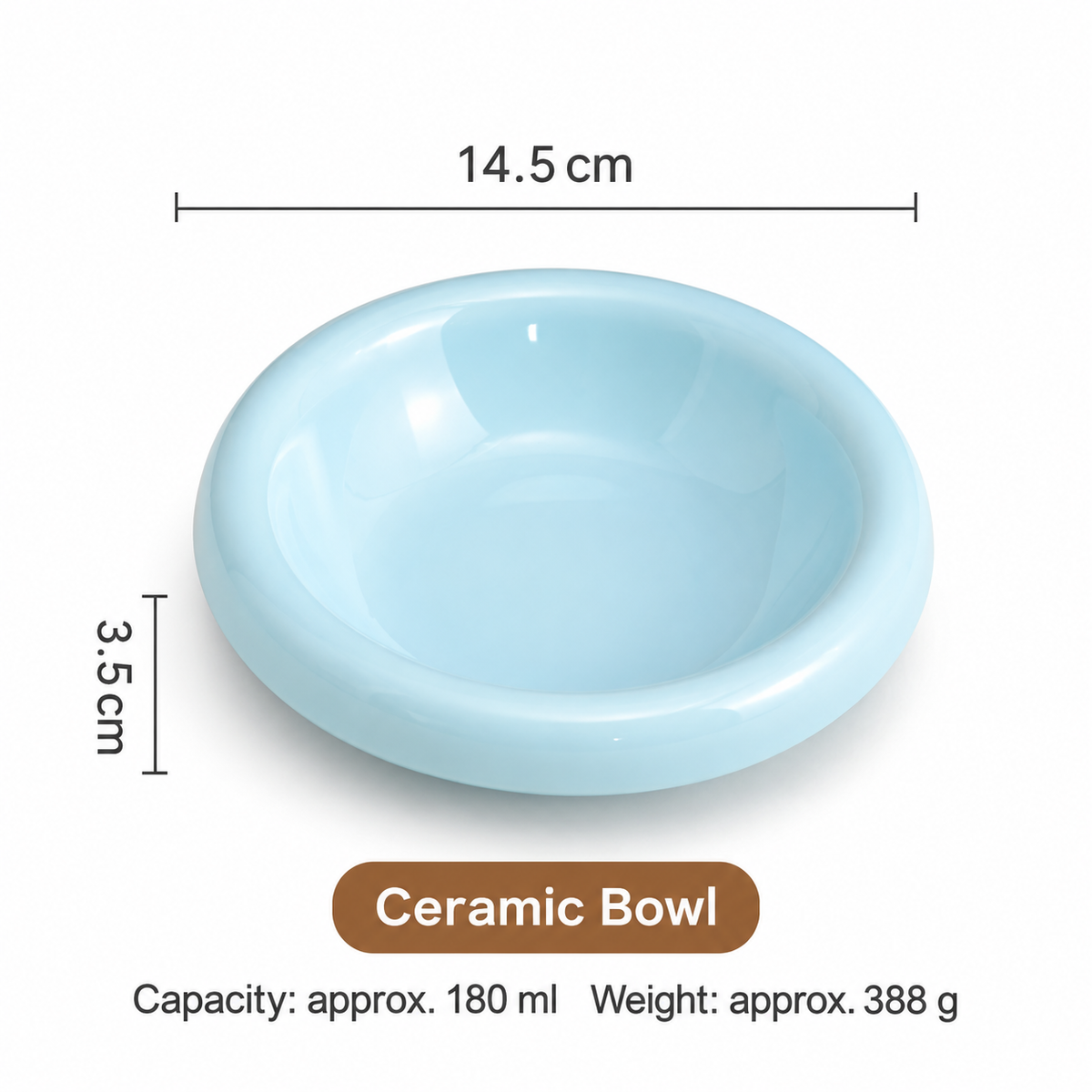 Light blue ceramic pet bowl measuring 14.5 cm with 180 ml capacity