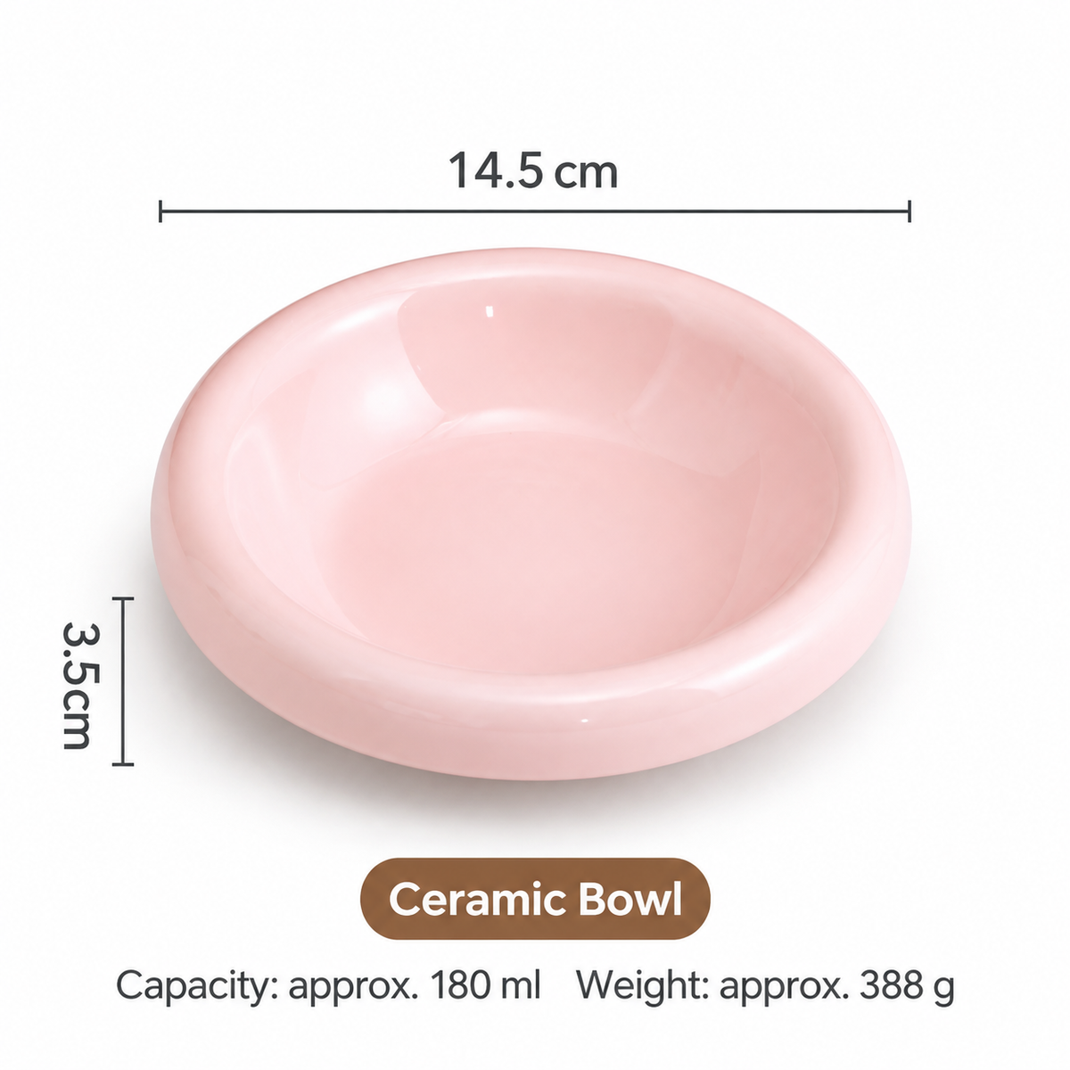 Pale pink ceramic pet bowl measuring 14.5 cm with 180 ml capacity