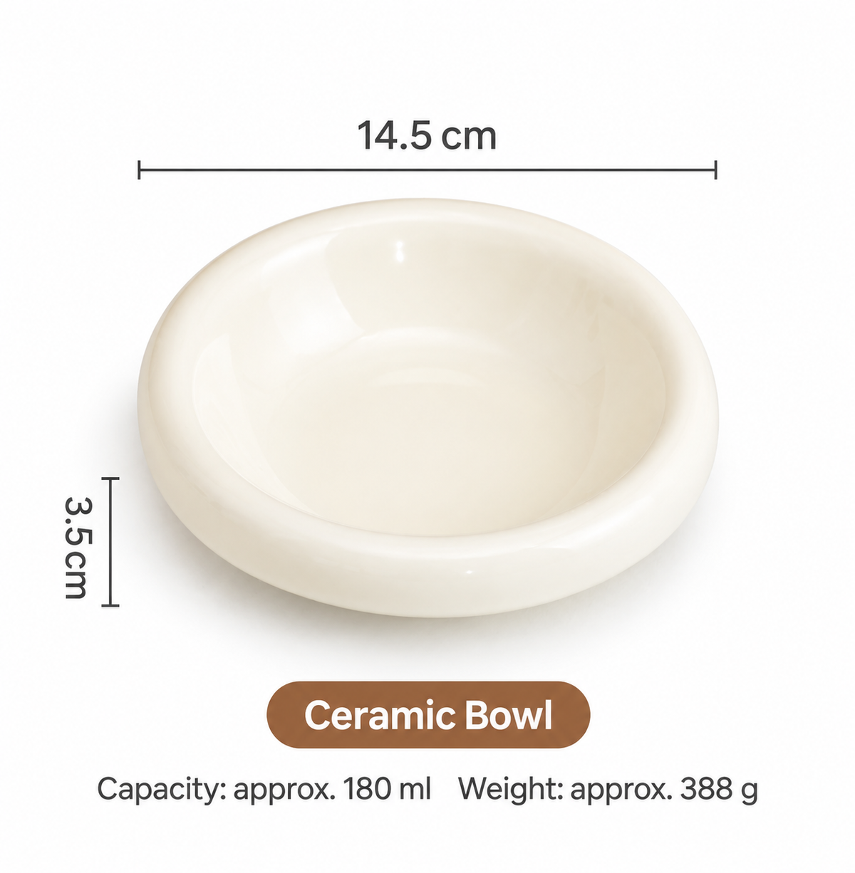 Ivory ceramic pet bowl measuring 14.5 cm with 180 ml capacity
