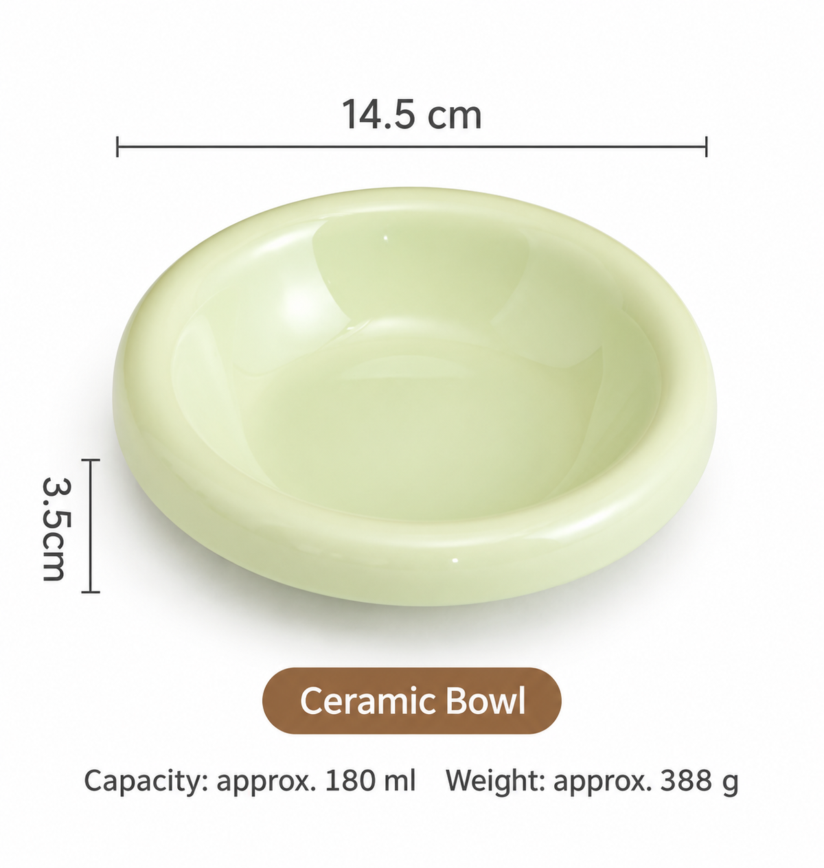 Pale green ceramic pet bowl measuring 14.5 cm with 180 ml capacity