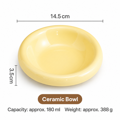 Pale yellow ceramic pet bowl measuring 14.5 cm with 180 ml capacity