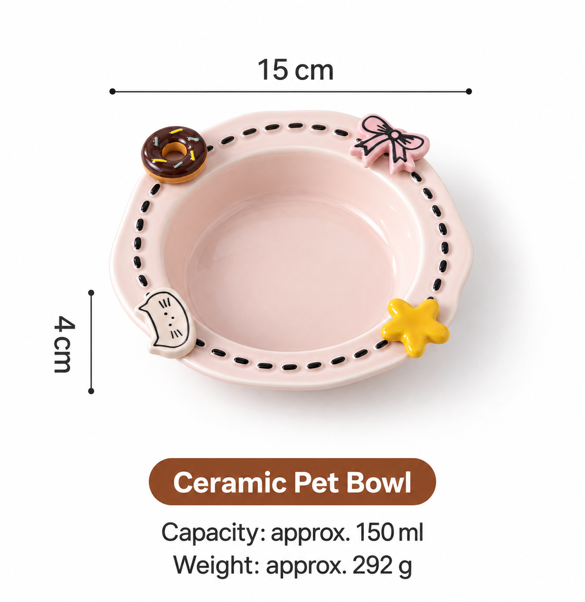 Pink decorative ceramic pet bowl measuring 15 cm with 150 ml capacity