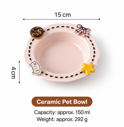 Pink decorative ceramic pet bowl measuring 15 cm with 150 ml capacity