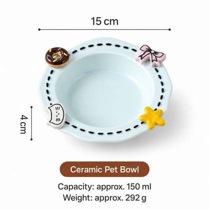 Light blue decorative ceramic pet bowl measuring 15 cm with 150 ml capacity