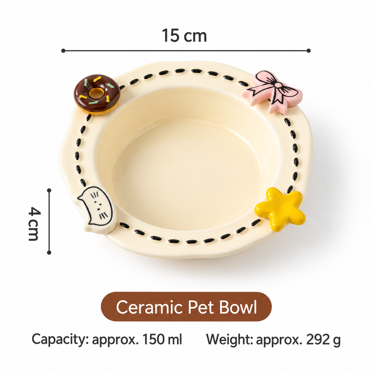 Cream decorative ceramic pet bowl measuring 15 cm with 150 ml capacity