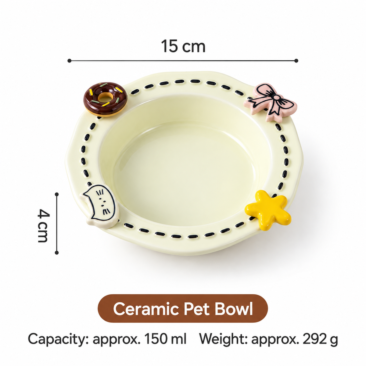 Off-white decorative ceramic pet bowl measuring 15 cm with 150 ml capacity