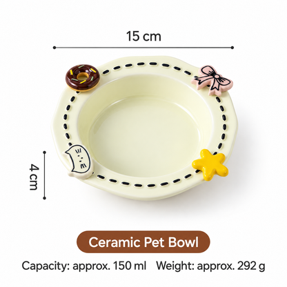 Off-white decorative ceramic pet bowl measuring 15 cm with 150 ml capacity