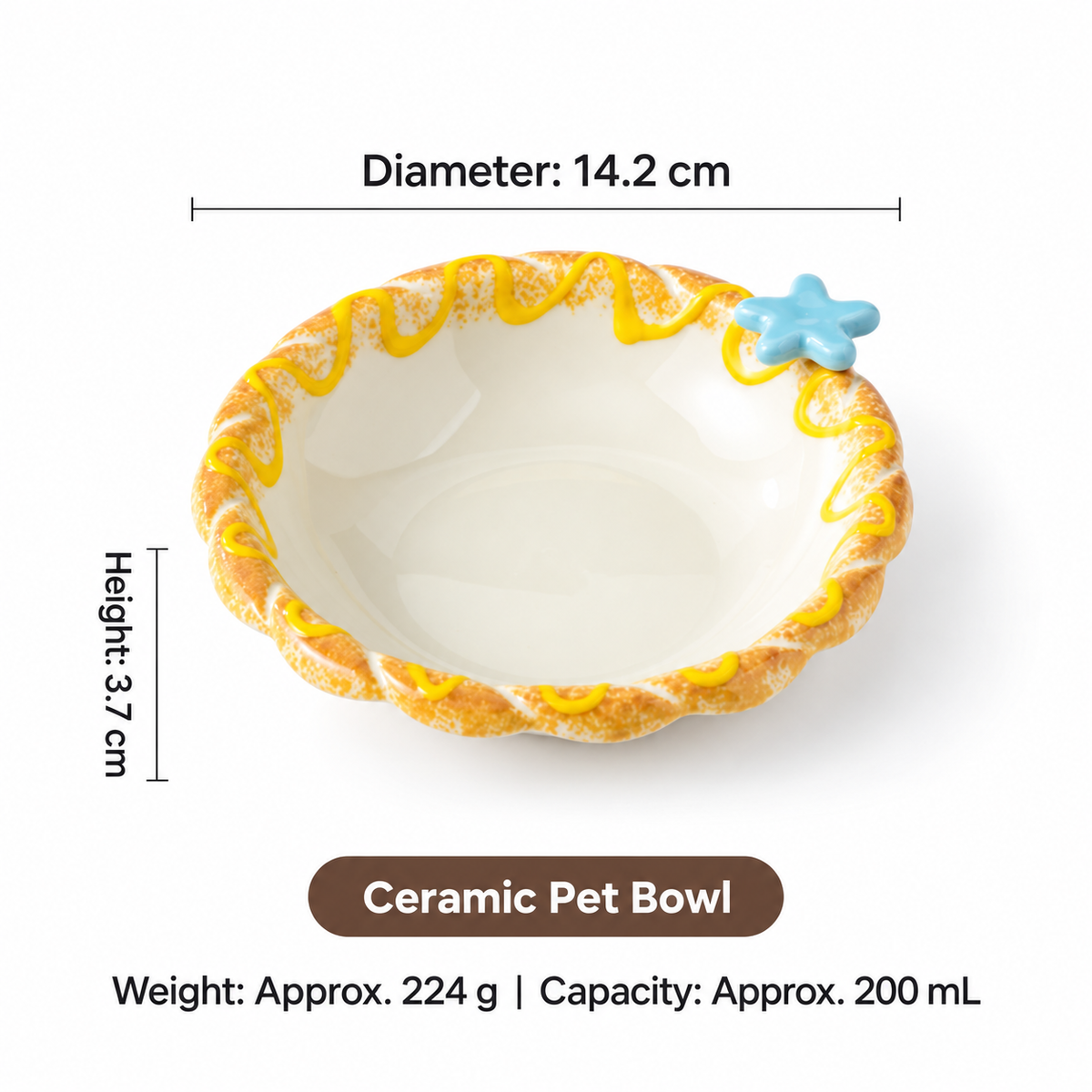 Ceramic pet bowl with blue star detail, 14.2 cm diameter and 200 mL capacity