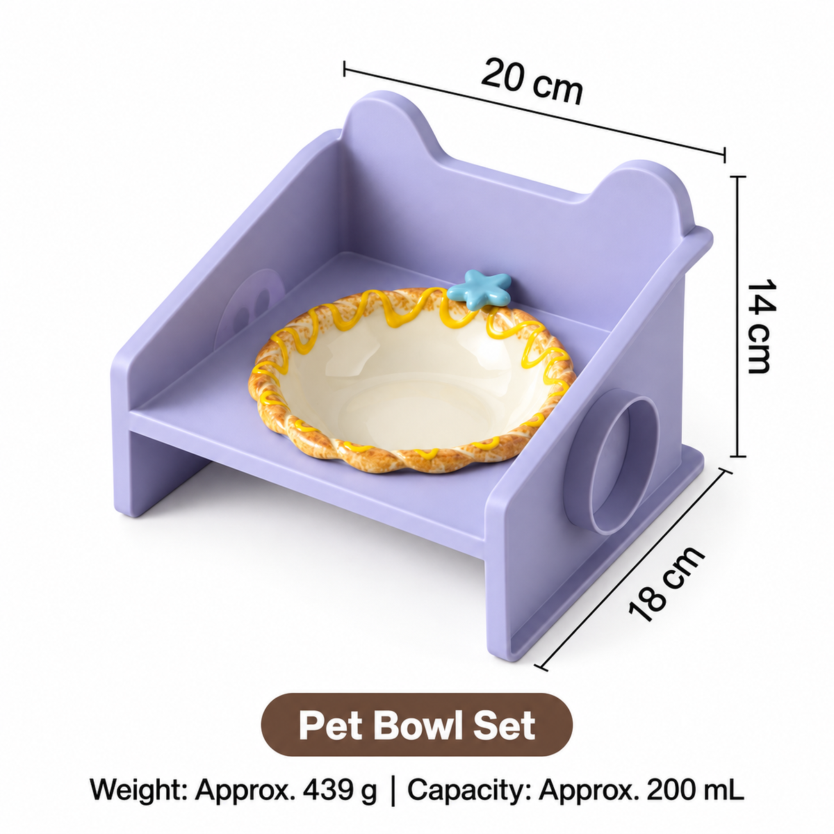Lavender raised cat bowl stand with ceramic bowl, 20 × 18 × 14 cm