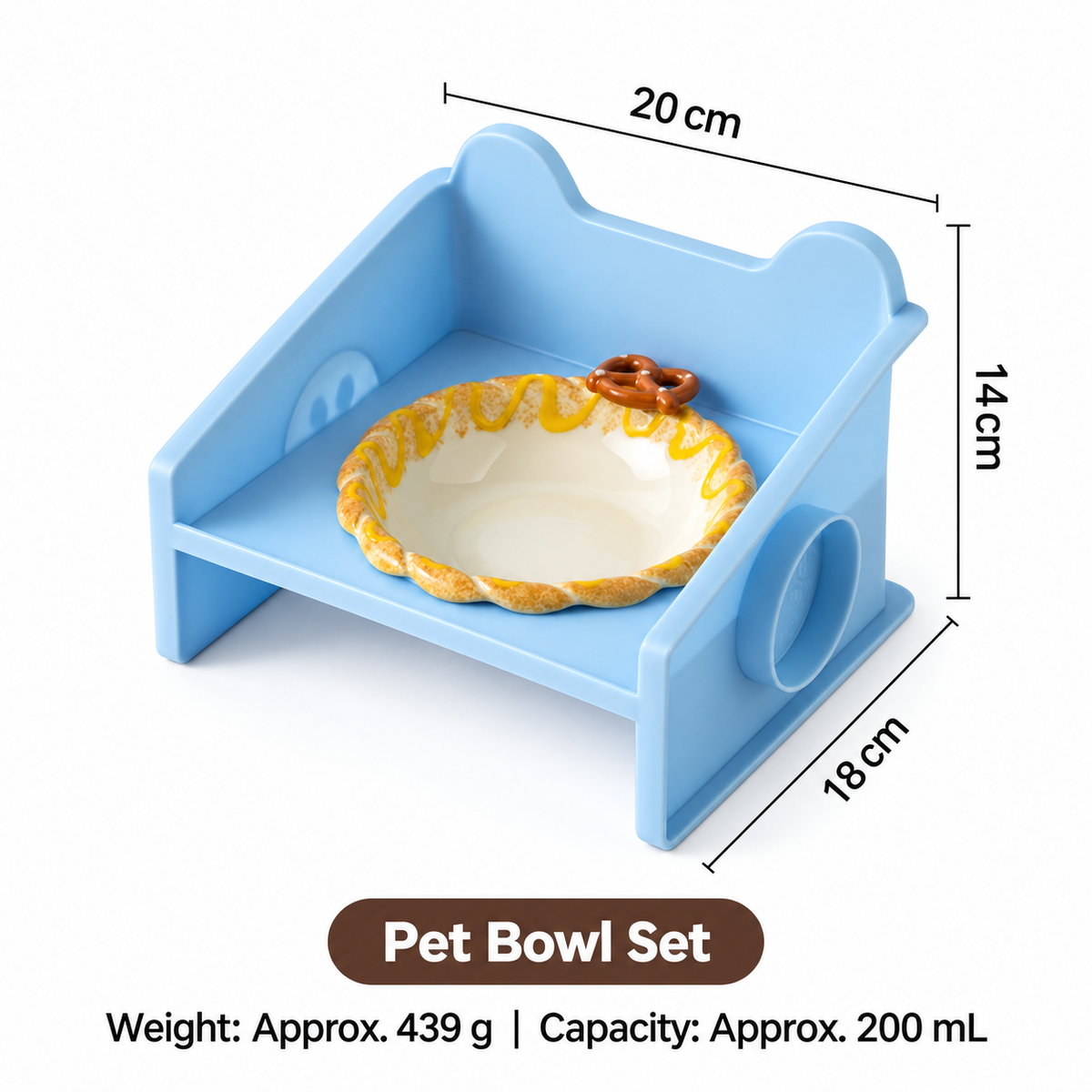 Blue raised cat bowl stand with ceramic bowl, 20 × 18 × 14 cm