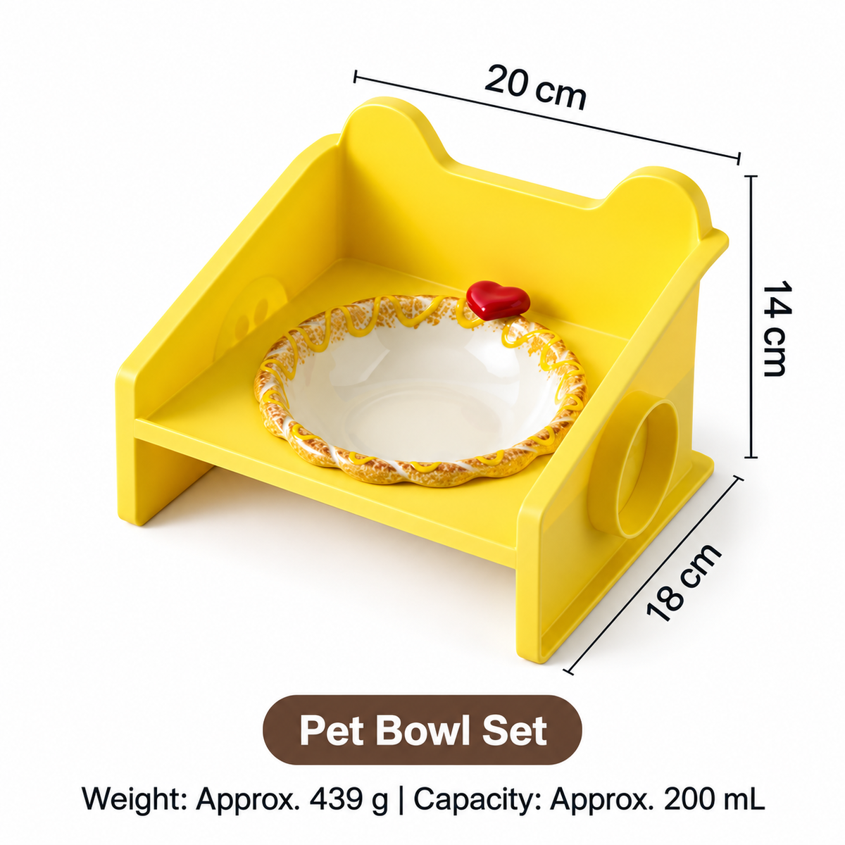 Yellow raised cat bowl stand with ceramic bowl, 20 × 18 × 14 cm