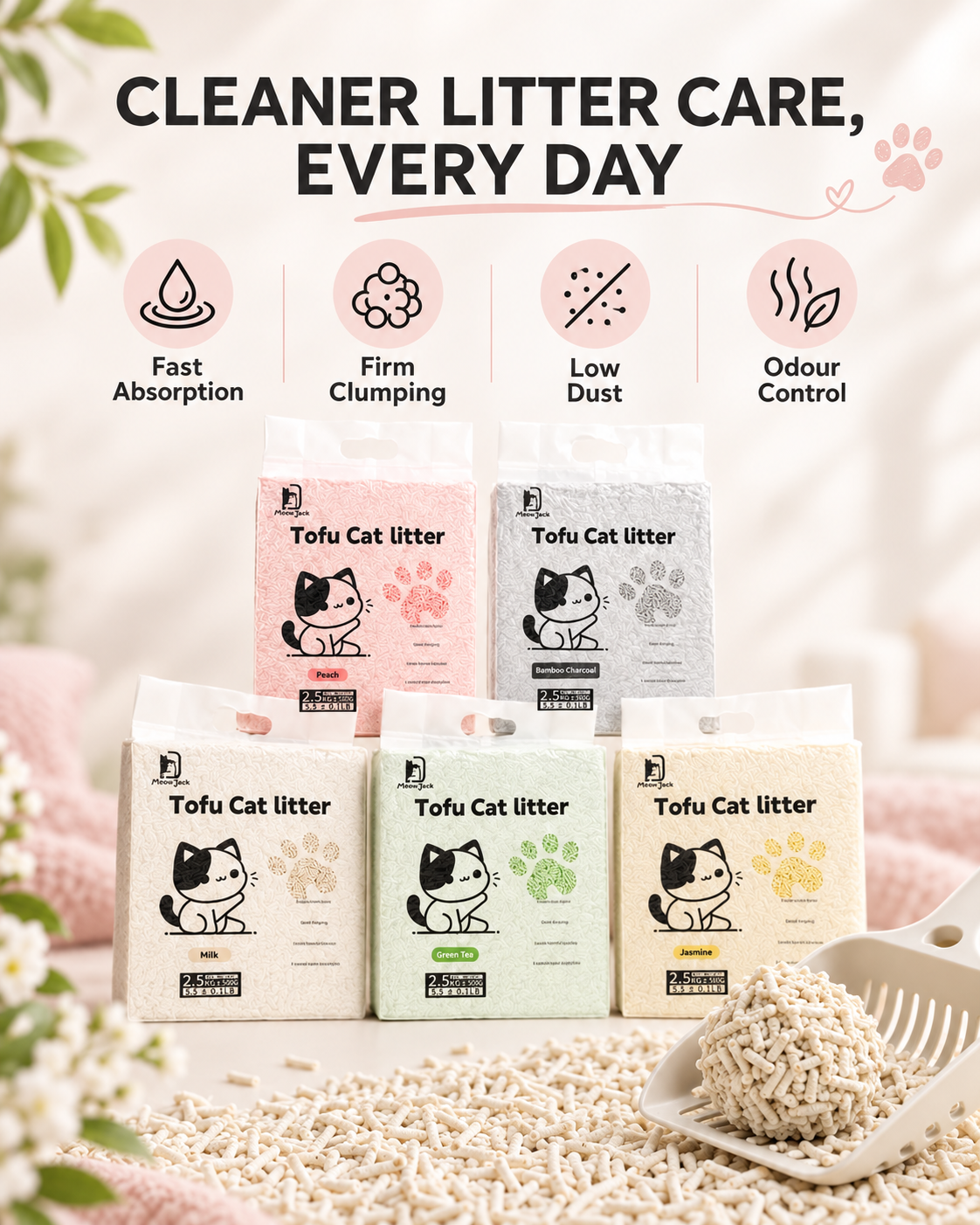 Meow Jack five-scent tofu cat litter collection featuring fast absorption, firm clumping, low dust and odour control