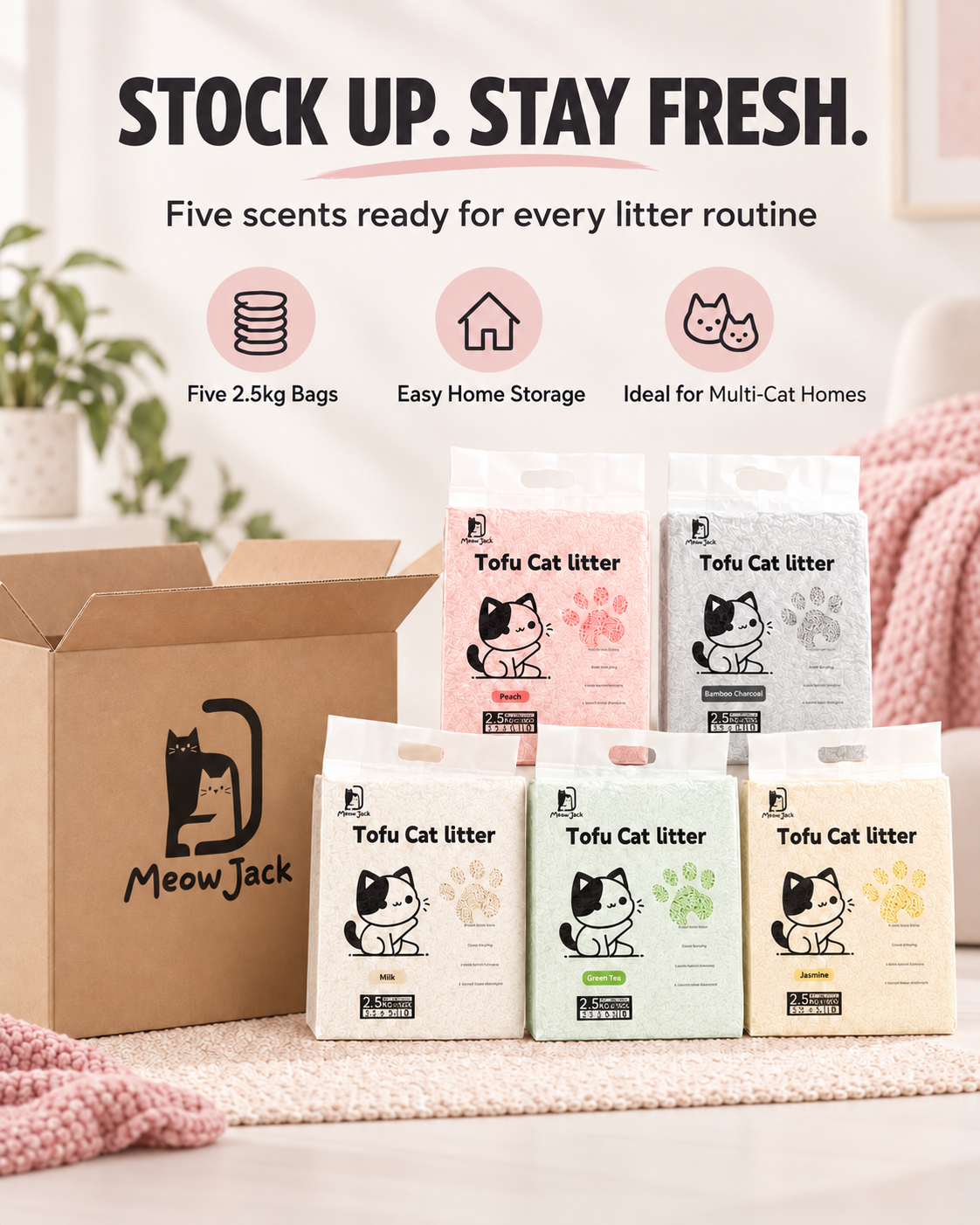 Meow Jack five-scent tofu cat litter carton with five 2.5kg bags for easy home storage and multi-cat households