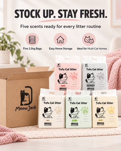 Meow Jack five-scent tofu cat litter carton with five 2.5kg bags for easy home storage and multi-cat households