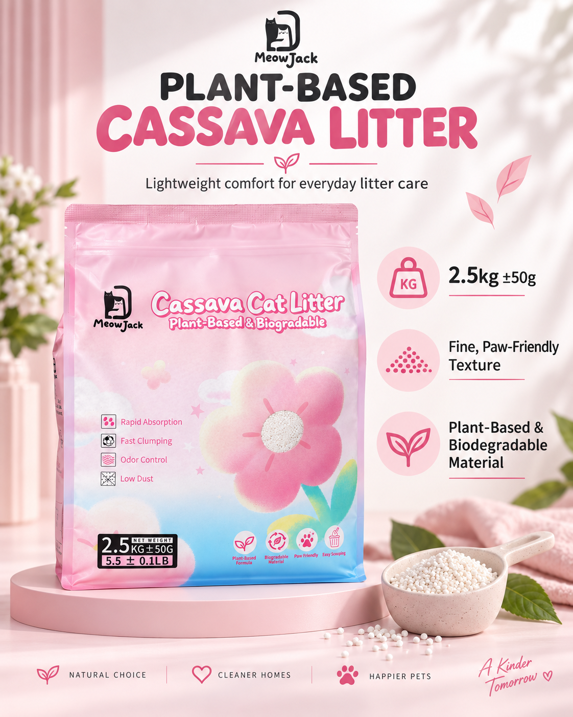 Meow Jack plant-based cassava cat litter with fine paw-friendly biodegradable granules