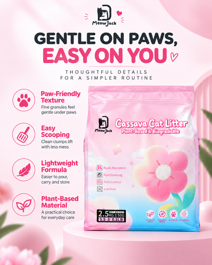 Meow Jack Cassava Cat Litter with paw-friendly texture, easy scooping and lightweight formula