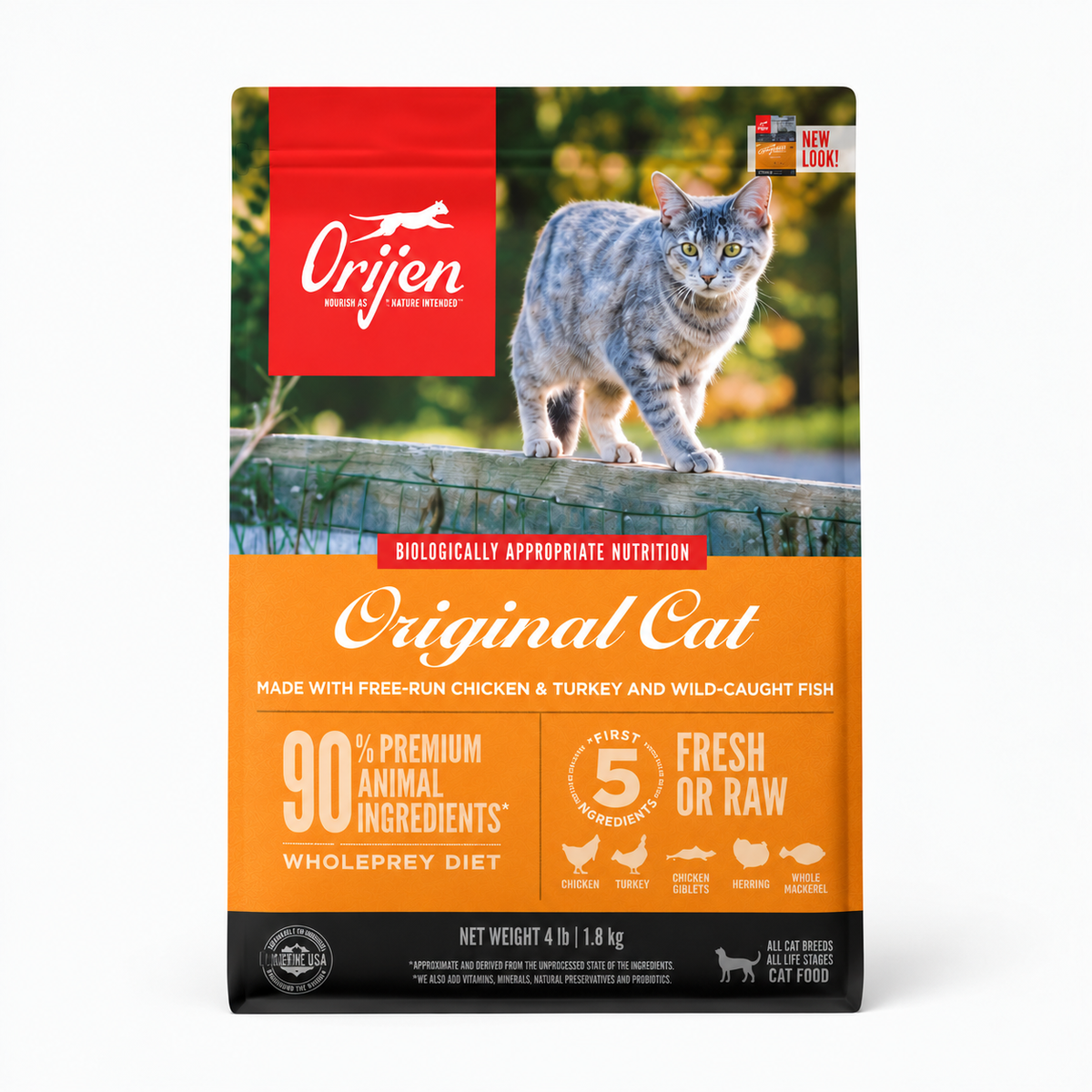 ORIJEN Original Cat Dry Cat Food with 90% Premium Animal Ingredients, Free-Run Chicken, Turkey and Wild-Caught Fish – High-Protein Cat Food for All Life Stages, 1.8kg