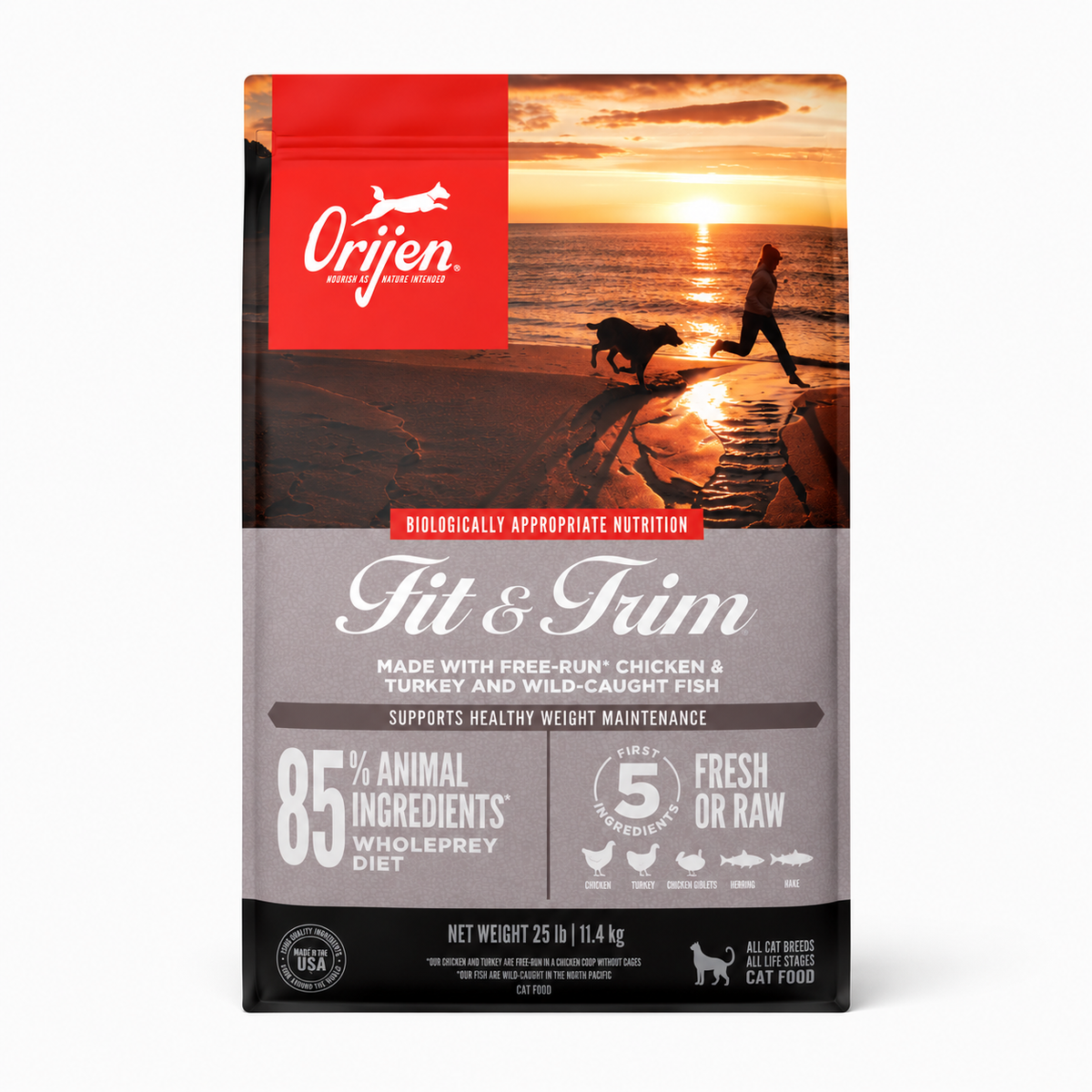 Orijen Fit and Trim dry cat food front packaging with free-run chicken turkey and wild-caught fish featuring 85 percent animal ingredients WholePrey diet and healthy weight support for all life stages cats