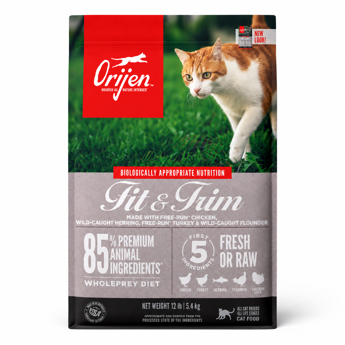 Orijen Fit & Trim dry cat food front packaging with free-run chicken, wild-caught herring, turkey, flounder, 85% premium animal ingredients, and WholePrey nutrition for all cat breeds.
