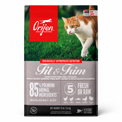 Orijen Fit & Trim dry cat food front packaging with free-run chicken, wild-caught herring, turkey, flounder, 85% premium animal ingredients, and WholePrey nutrition for all cat breeds.