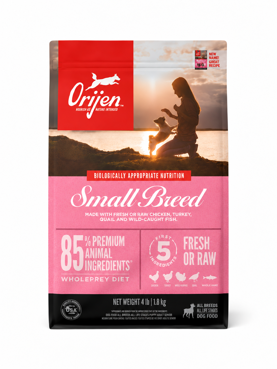 Orijen Small Breed dry dog food front packaging with chicken, turkey, quail and wild-caught fish for small breed dogs