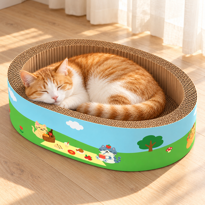 Orange and white cat sleeping in a Meow Jack oval cardboard scratcher bed with picnic cat illustrations
