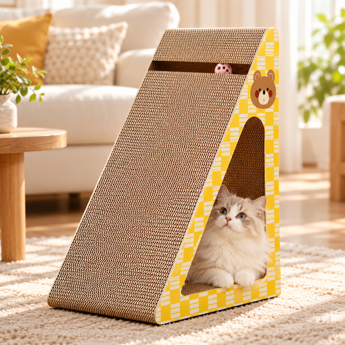 Fluffy cream cat resting inside a yellow bear print cardboard cat scratcher with an inclined scratching ramp