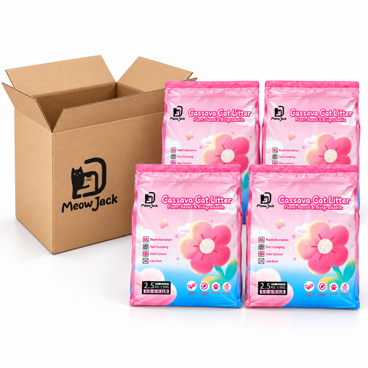 Meow Jack pure cassava clumping cat litter four 2.5kg bags beside a cardboard box 10kg total