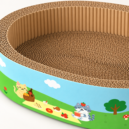 Close-up of brown corrugated cardboard and picnic cat artwork on a Meow Jack oval scratcher bed
