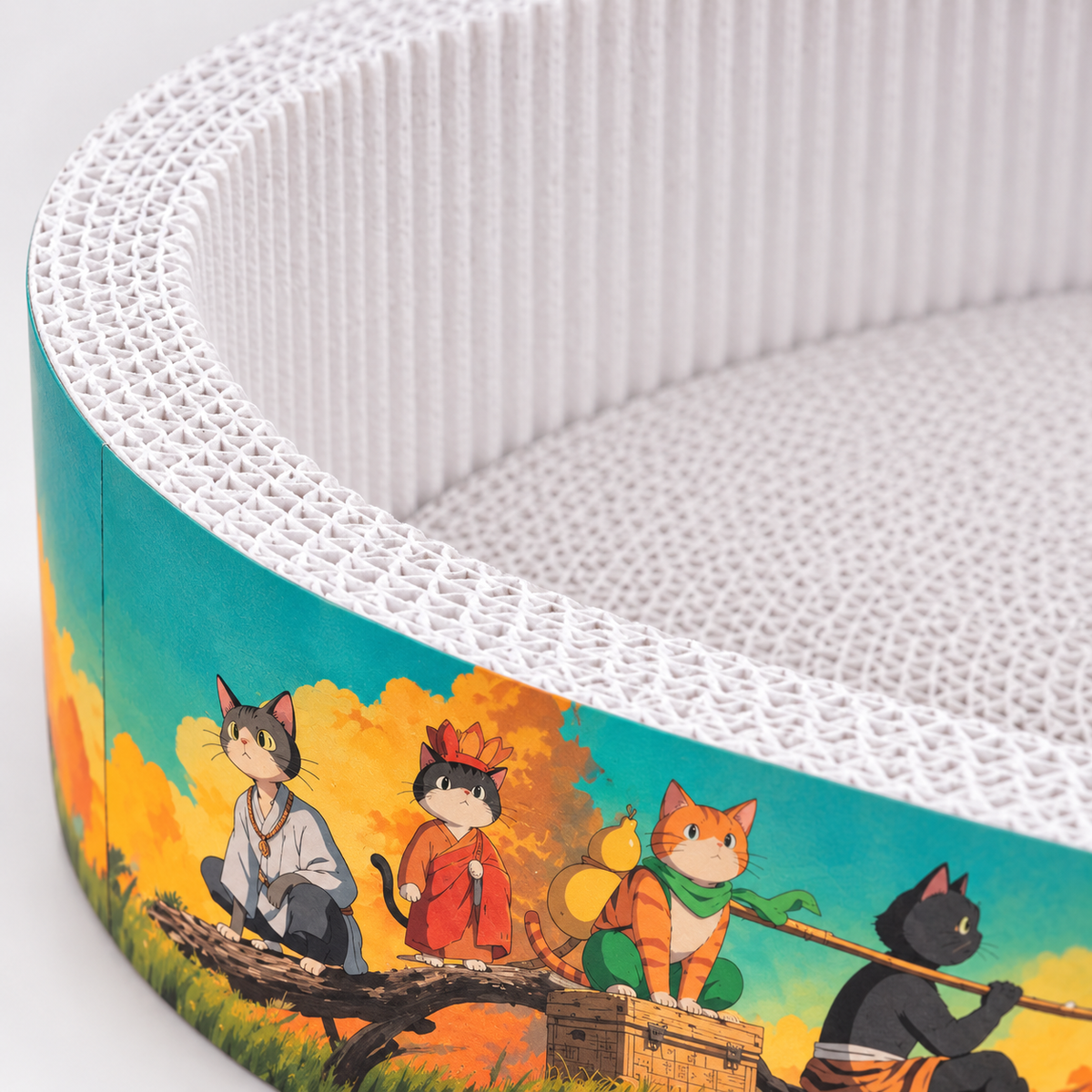 Close-up of white corrugated cardboard and illustrated sides on a Meow Jack cat scratcher bed