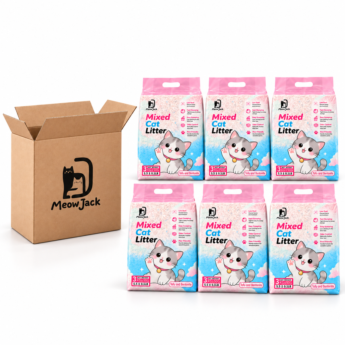 Meow Jack tofu and bentonite clumping cat litter six 3kg bags beside a cardboard box 18kg total