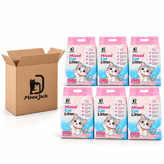 Meow Jack tofu and bentonite clumping cat litter six 3kg bags beside a cardboard box 18kg total