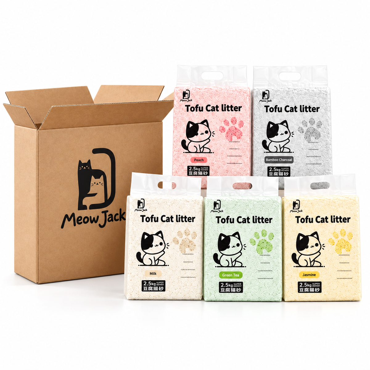 Meow Jack tofu cat litter five 2.5kg bags in Milk Peach Green Tea Jasmine and Bamboo Charcoal varieties beside a cardboard box