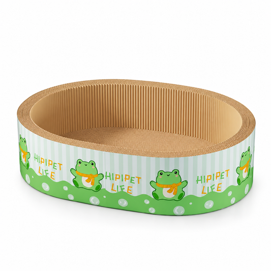 Oval cardboard cat scratcher bed with a green frog print and raised sides on a white background
