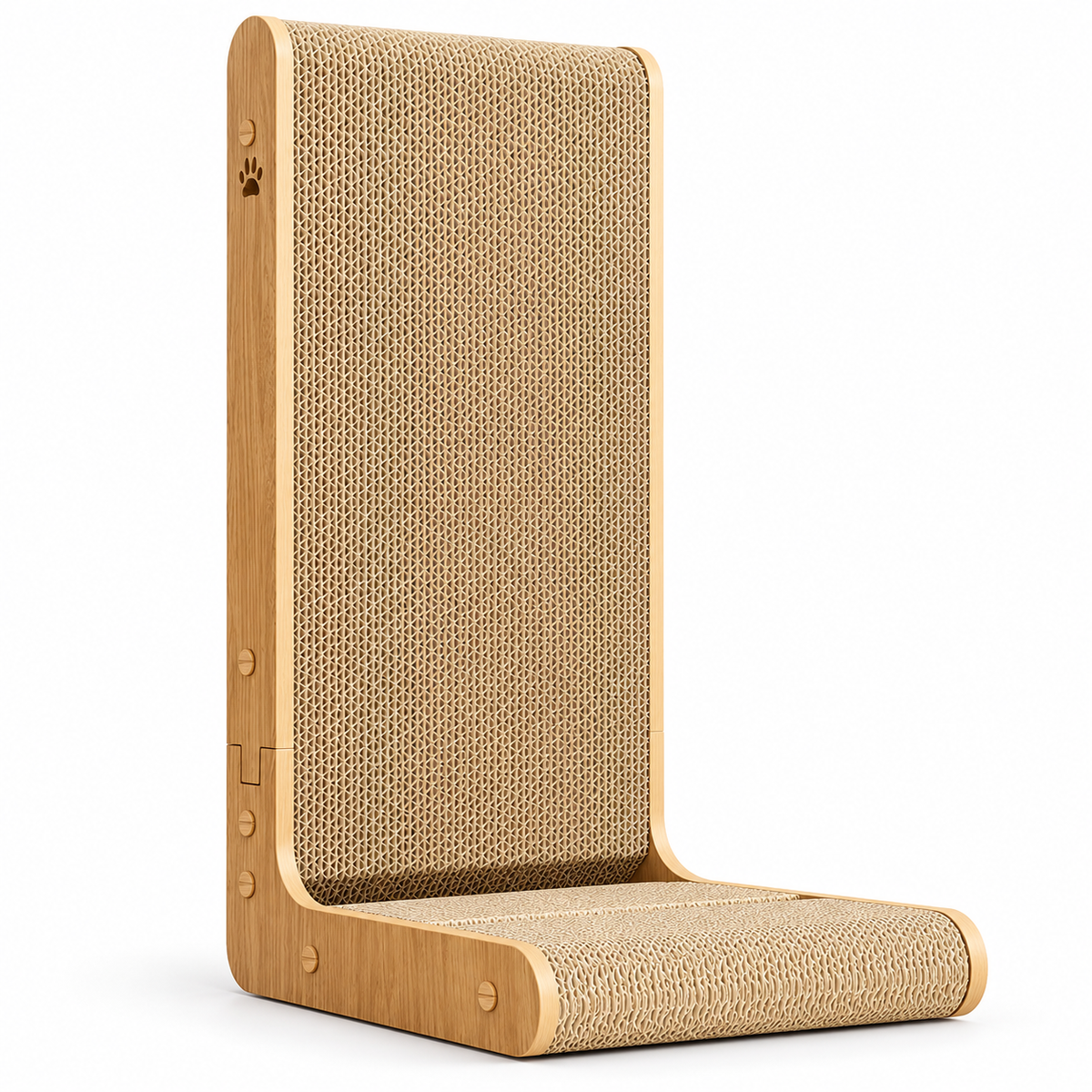 L-shaped cardboard cat scratcher with a wood-look frame on a white background
