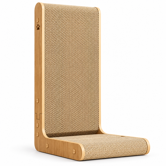 L-shaped cardboard cat scratcher with a wood-look frame on a white background