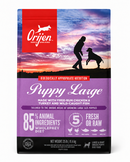 Orijen Puppy Large dry dog food front packaging with free-run chicken turkey and wild-caught fish featuring 85 percent animal ingredients WholePrey diet and biologically appropriate nutrition for large breed puppies