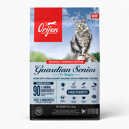 ORIJEN Guardian Senior 7+ Years dry cat food with wild-caught salmon, duck and free-run chicken