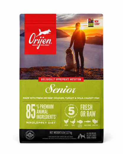 Orijen Senior dog food grain free high protein senior formula with fresh and raw animal ingredients WholePrey nutrition