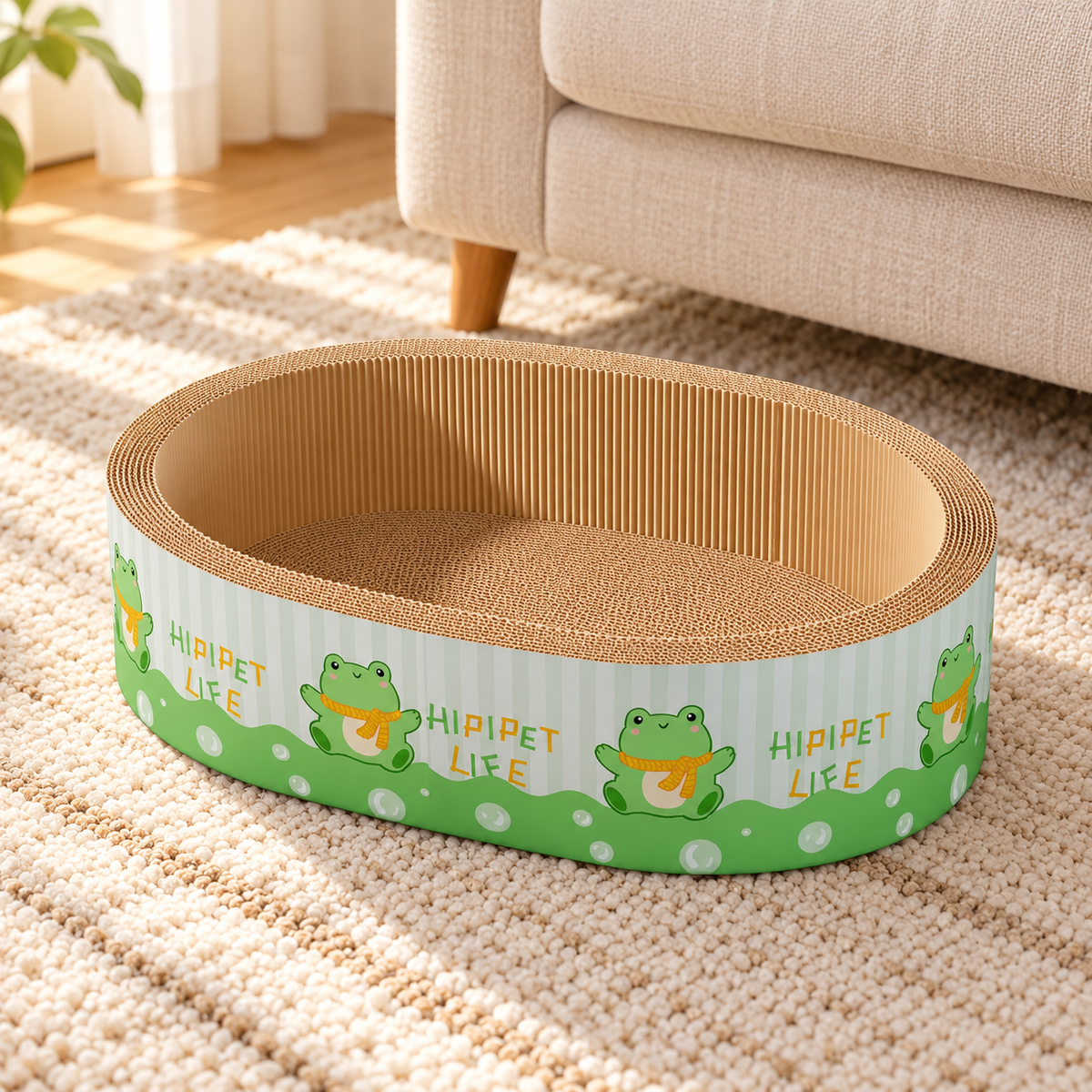 Green frog print oval cardboard cat scratcher bed on a cream rug beside a sofa