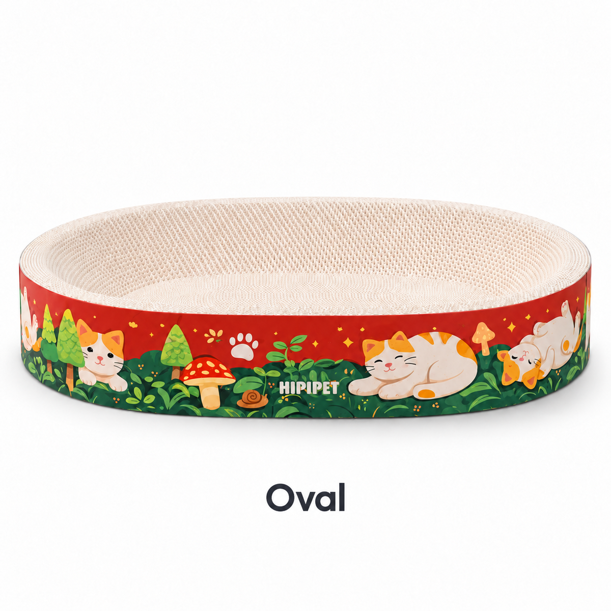 Oval cardboard cat scratcher bed with a red and green forest cat print on a white background