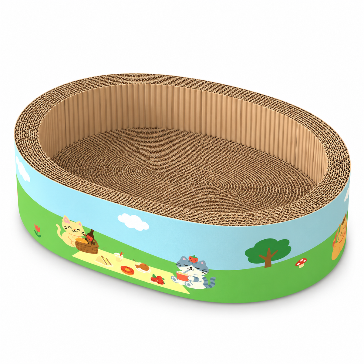 Meow Jack oval cardboard cat scratcher bed with blue and green picnic cat illustrations