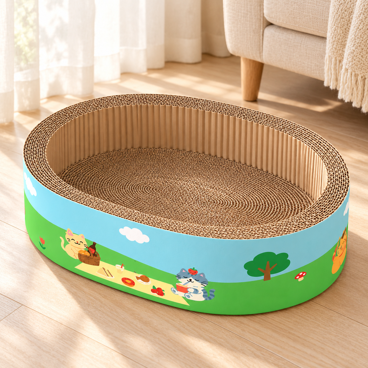 Meow Jack oval cardboard cat scratcher bed on a sunlit wooden floor beside a cream armchair
