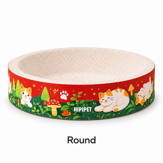 Round cardboard cat scratcher bed with a red and green forest cat print on a white background