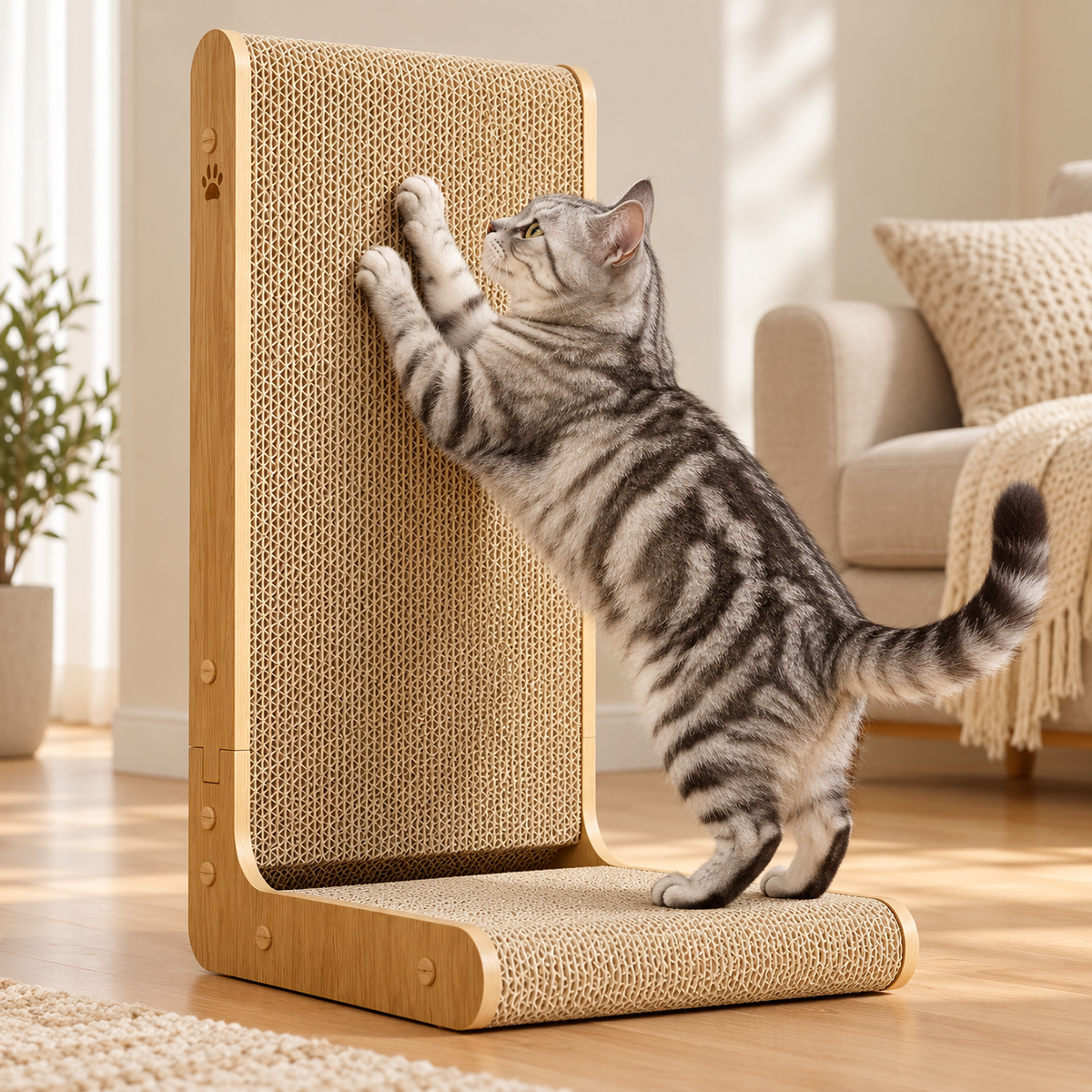 Silver tabby cat stretching and scratching the upright panel of an L-shaped cardboard cat scratcher