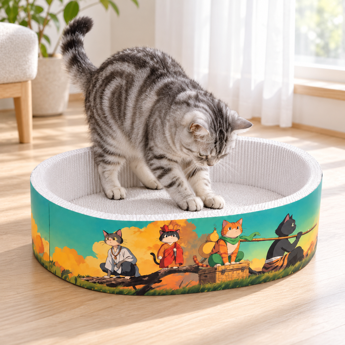 Silver tabby cat scratching the white cardboard surface inside a Meow Jack oval cat scratcher bed