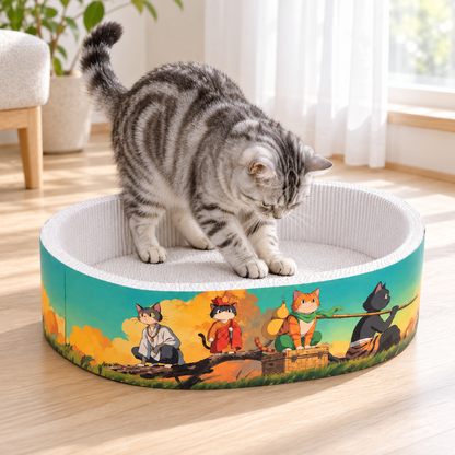 Silver tabby cat scratching the white cardboard surface inside a Meow Jack oval cat scratcher bed