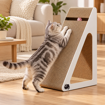 Silver tabby cat stretching and scratching on a white triangular cardboard cat scratcher with a pink toy ball