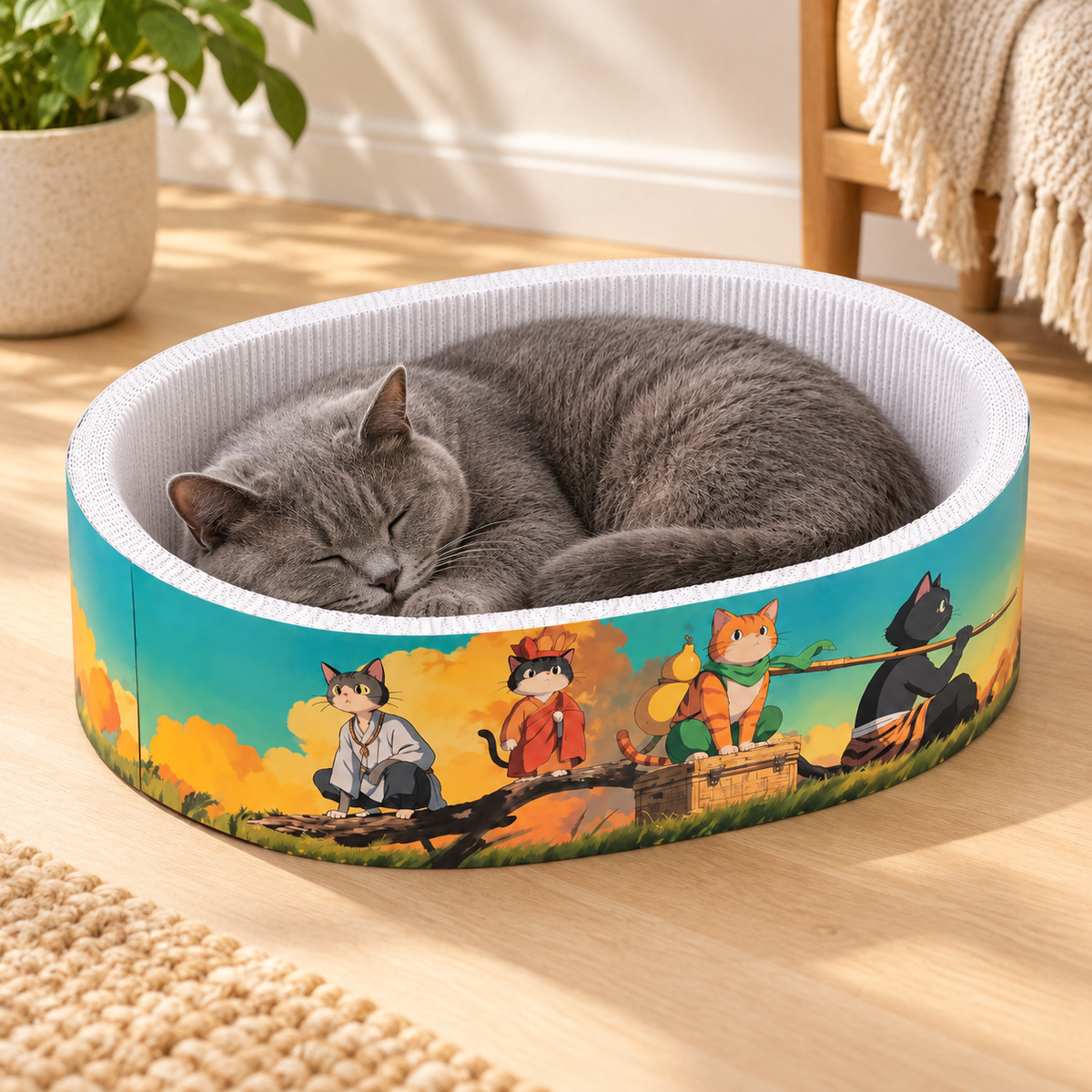 Grey cat sleeping inside a Meow Jack oval cardboard cat scratcher bed