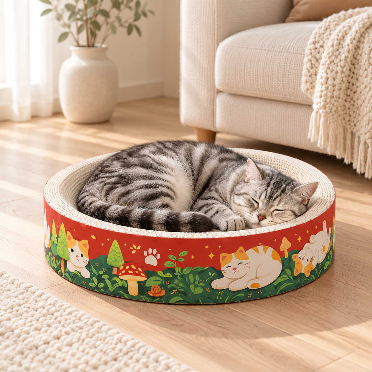 Silver tabby cat sleeping in a round cardboard cat scratcher bed with a forest cat design